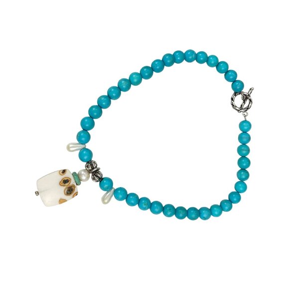 Handcrafted Faux Turquoise Bead Necklace With Unique Ceramic Pendant and Metal A - Picture 7 of 9